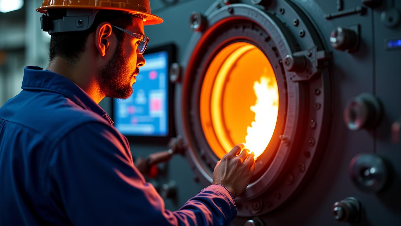 Industrial combustion engineer analyzing flame patterns on a digital interface