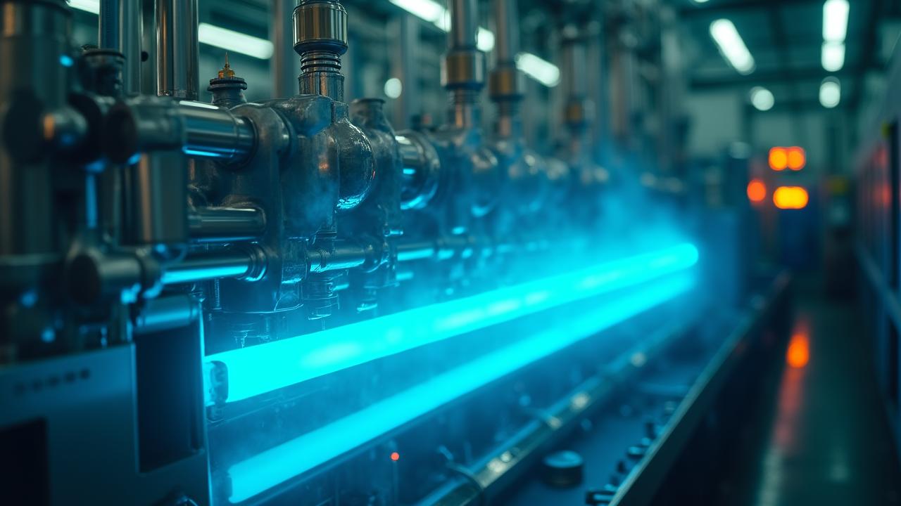 Futuristic industrial facility with clean energy conceptual overlays